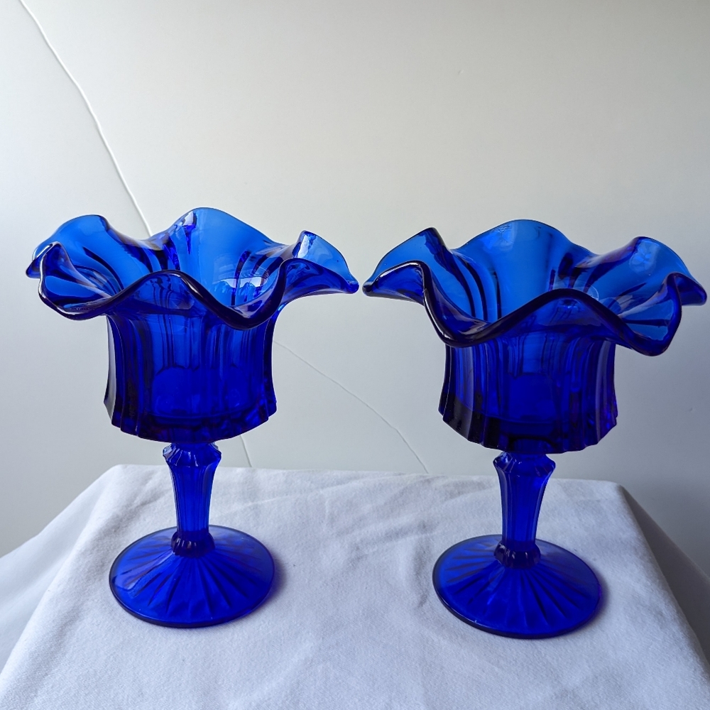 Vintage Fenton Vulcan Cobalt Blue Handmade Crimped Rim Compote Candy Dish - 2 - Picture 2 of 16